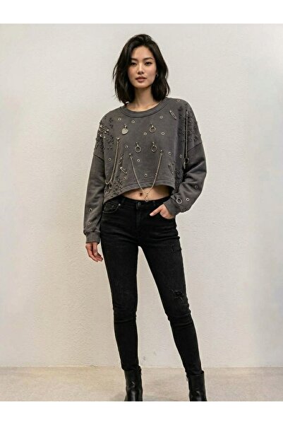 DENİKK Trend Special Design Grunge & Alternative Dark Gray Women's Crop Sweat...