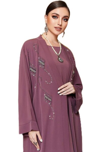 Generic Premium Women's Embellished Open Abaya with Inner Dress, Mauve Purple