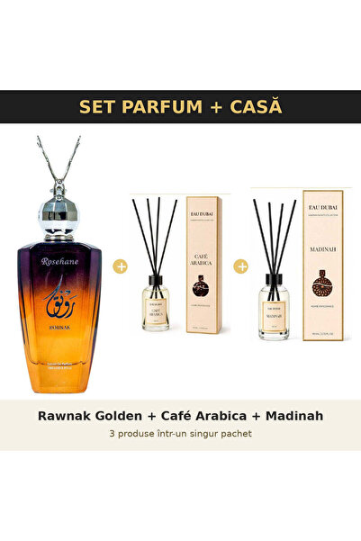 rosehane Set Parfum + Casă Rose Hane – Rawnak Golden + Café Arabica + Madinah