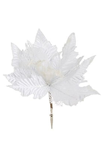 OEM Floare Decorativa Alba Plasa cu Clips & Glitter Argintiu 26cm