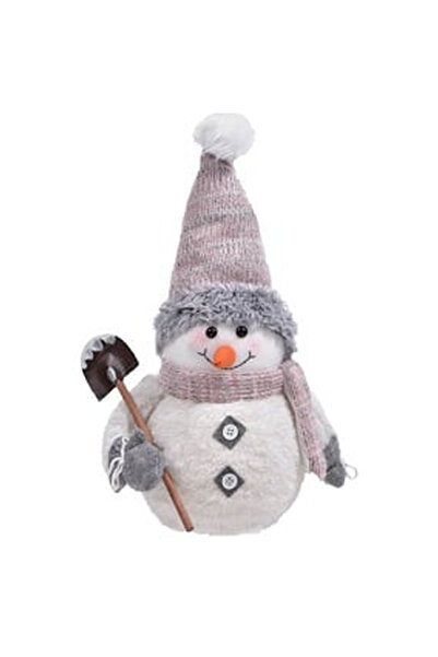 OEM Decorative Christmas Figurine Snowman Ecru Faux Fur Pink Hat and Shovel 36cm