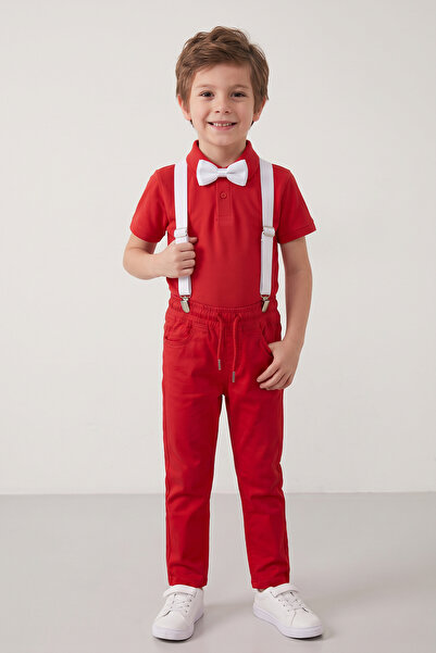 nacar çarşı Tricou polo roșu cu mânecă scurtă, pantaloni roșii cu bretele alb...