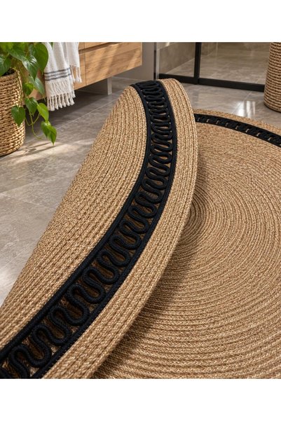 Türkmen Ev Tekstil Black Jute, Straw, Door Mat, Bathroom Mat, Floor Mat, Kitchen Mat