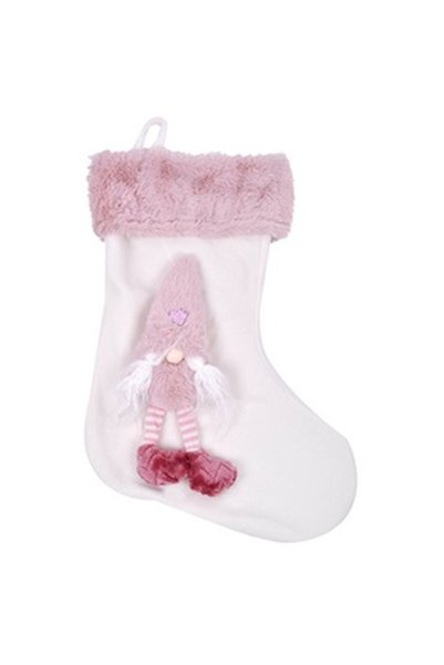 OEM Cizmulita Decorativa de Craciun Alba cu Blana Roz 3D Gnome cu Codite 46cm