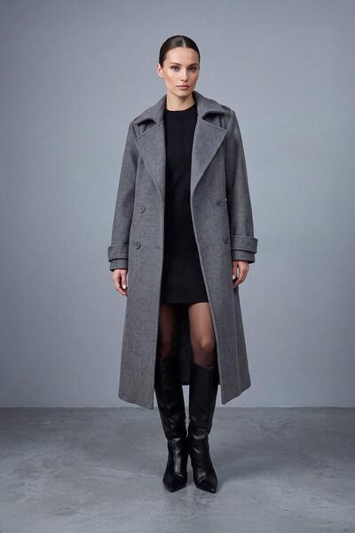 Puane Women's Cuff Detailed Belted Long Coat 15272