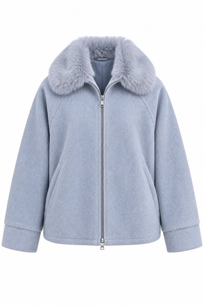 Laluvia Gray Collared Fur Zippered Coat - 9660