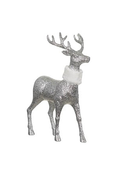 OEM Коледна декоративна фигурка на елен, сребърна, брокат, бяла кожа, 27 см