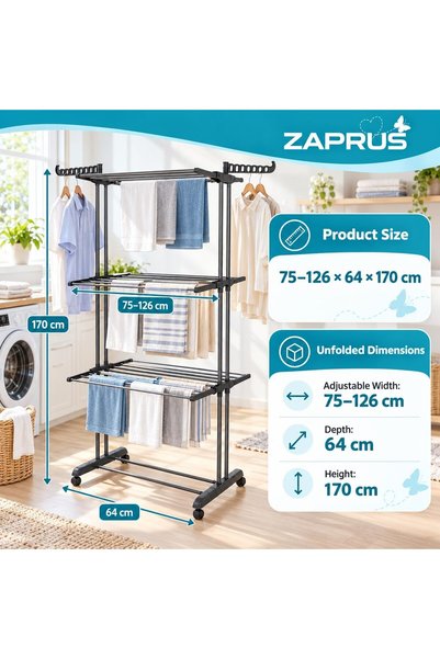 Zaprus رف تجفيف ملابس متين بعجلات - حامل تجفيف الغسيل من الحديد بثلاث طبقات (72×64×170 سم) |   قابل للطي وموفر للمساحة |   يتضمن 4 شماعات ذكية قابلة للطي |   الرمادي والرمادي الداكن