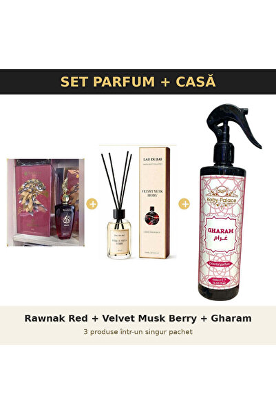 rosehane Set Parfum + Casă Rose Hane – Rawnak Red + Velvet Musk Berry + Gharam