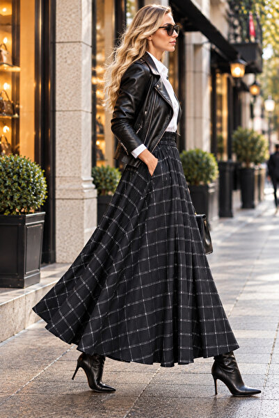 SELDAĞ MODA Black Color White Color Plaid Striped 90 cm Length Elastic Waist Full Flawed Skirt with Hidden Pockets