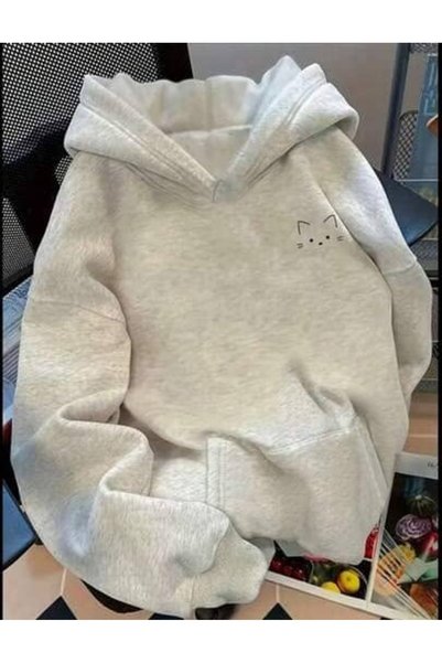 bellanova Unisex Gray 3 Thread Threaded Oversize Hooded Sweatshirt Basic Comf...