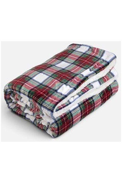 OEM Patura Decorativa de Craciun Rosie in Carouri cu Blana Artificiala Alba S...