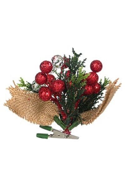 OEM Decoratiune de Craciun cu Clips Crenguta Berries Rosii Glitter Margele 12cm