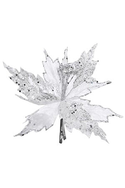 OEM Floare Decorativa de Craciun Alba Catifelata cu Clips & Glitter Argintiu ...