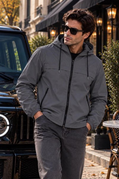 Gül Maison Su İtici Uzun Kapüşonlu Fermuarlı Cepli Günlük Yağmurluk Unisex Erkek