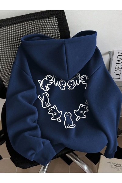 bellanova Unisex Navy Blue Streetwear Oversize Hooded Casual Cotton Sweatshirt with Pockets