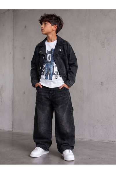 KOKOŞ BEBEK Boy's 3-Piece Set with Denim Jacket, Printed T-Shirt, Wide-Leg Pa...