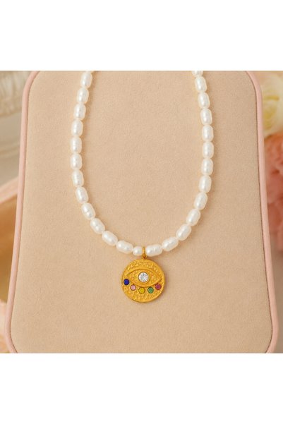 BLOOMY Gold Medallion Pearl Necklace - eye