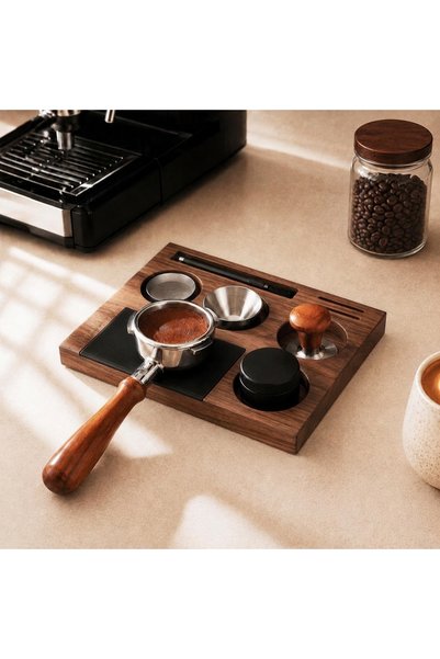 CLUE Masif Ahşap Espresso Sıkıştırma İstasyonu-Kahve Barı Düzenleyici Stand & Barista Tamper Mat Tablası