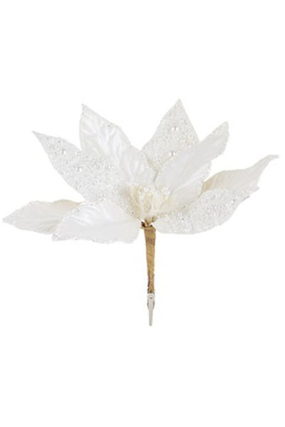 OEM Floare Decorativa Craciunita cu Clips Alba cu Margele Glitter 28cm