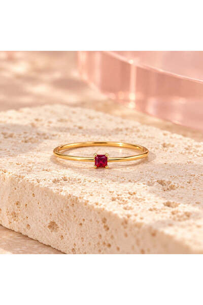 BLOOMY Petite Square Crystal Ring - Ruby Red, 8