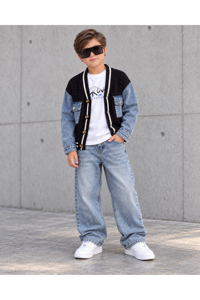 KOKOŞ BEBEK Boy's Knitwear Cardigan 3-Piece Denim Set Printed T-Shirt and Loo...