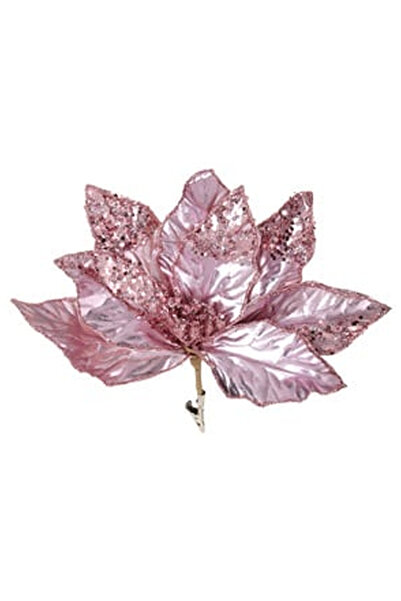 OEM Floare Decorativa de Craciun Roz Metalizat cu Glitter & Clips 26cm