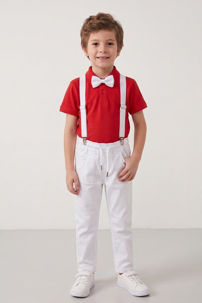 nacar çarşı Tricou polo roșu cu mânecă scurtă, cu bretele albe, papion, panta...