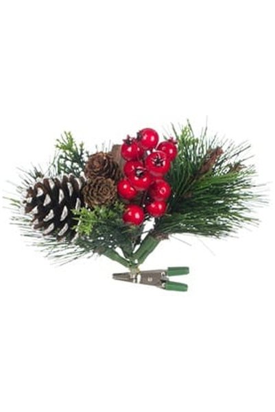 OEM Floare Decorativa de Craciun cu Clips Crenguta de Pin Rodie & Pomusoare 15cm