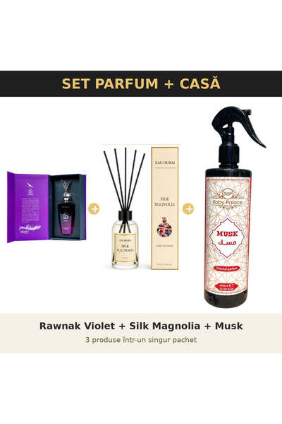 rosehane Set Parfum + Casă Rose Hane – Rawnak Violet + Silk Magnolia + Musk