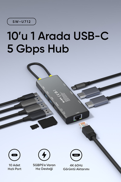 S-LINK SW-U712 10 in 1 Gri Metal 2xHDMI 4K 60Hz, 100W PD, RJ45 Gigabit, 3xUSB-A, 1xType-C Data, SD/T - PH