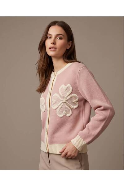 Trend Kapında Women's Floral Motif Embossed Embroidery Detailed Buttoned Knit...