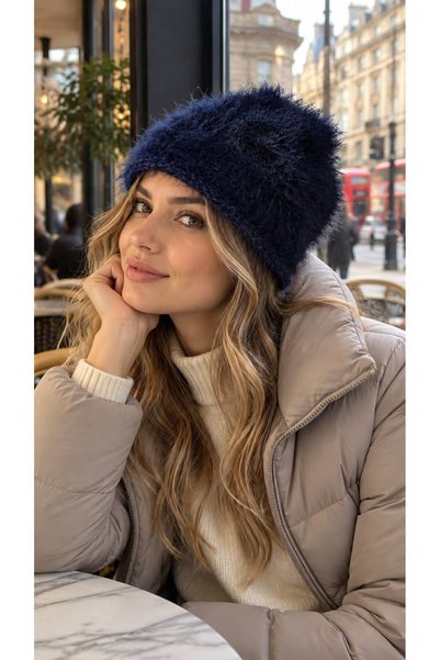 FELLMENS Navy Blue Soft Textured Long Fur Plush Women's Beret