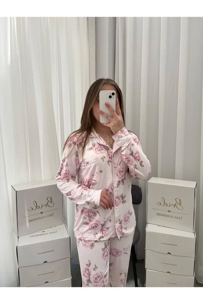 Lena Homewears Pink Rose Patterned Powder Milan Long Sleeve Pajama Set