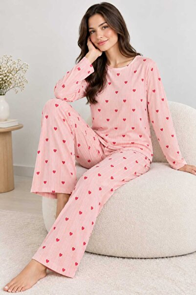 Sude HOMEWEAR Kalp Desenli Kadın Basic Model Pijama Takımı