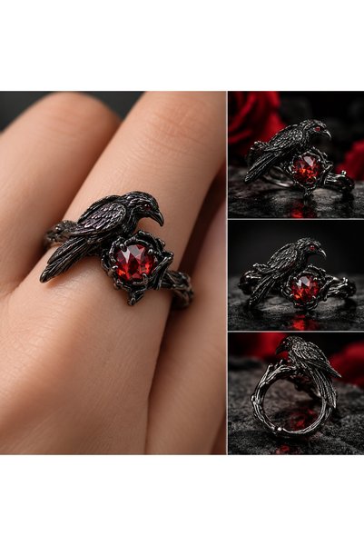 FG KONNİCHİWA Raven Figured Red Stone Gothic Ring Unisex