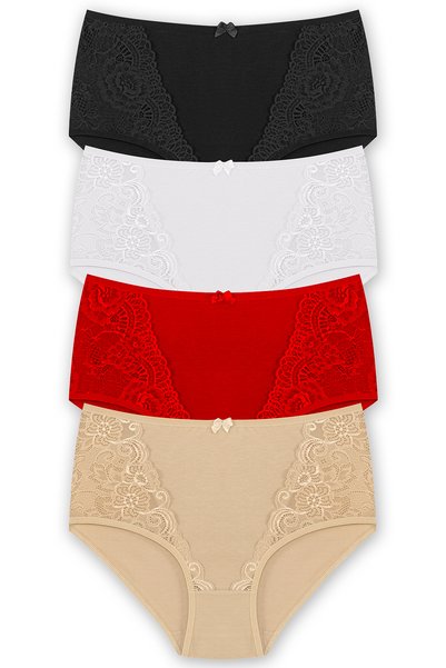 HNX Women's Cotton Lace Detailed Super High Waist Plus Size Panties 4 Pack