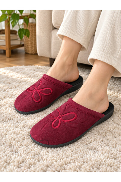 SOYLU Women's Velvet Bow Embroidered Home Slippers