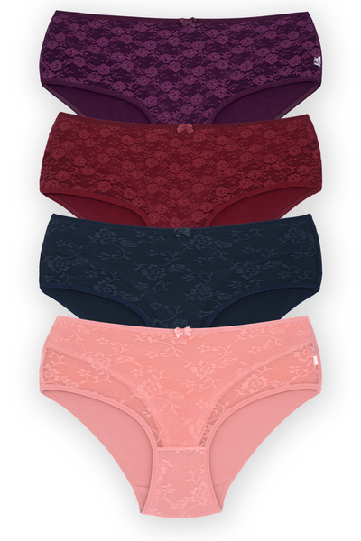 HNX Women's Cotton Front Double Layer Lace High Waist Plus Size Panties 4 Pack