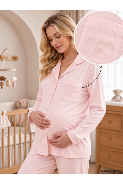 LİKAPA LikapaShop İnterlok Düğmeli İşlemeli Hamile Lohusa Uzun Kol Pijama Takımı
