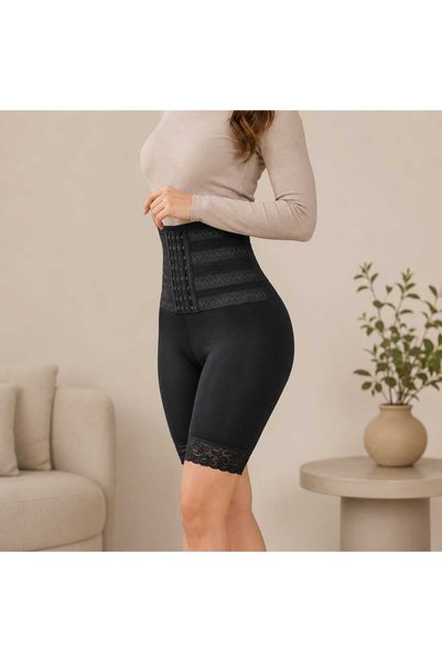 Nevara Women's High Waist Compression Shorts Shapewear for Tummy and Waist Slimming, Butt Lifting - Multi-Level Front Closure Body Shaper with Black Lace Trim