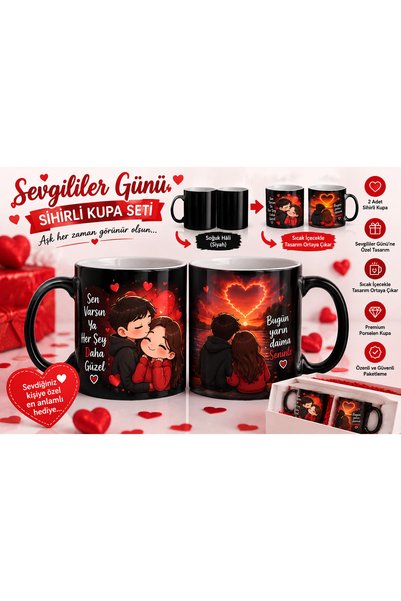 ŞEN HEDİYE KUPA 2'li İsme Özel Sihirli Kupa Bardak Seti 300 ml Sevgililer Gün...