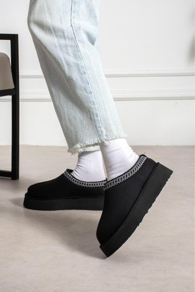YARENAY Mira Black Suede Fur Inside Embroidered Thick Sole Boots