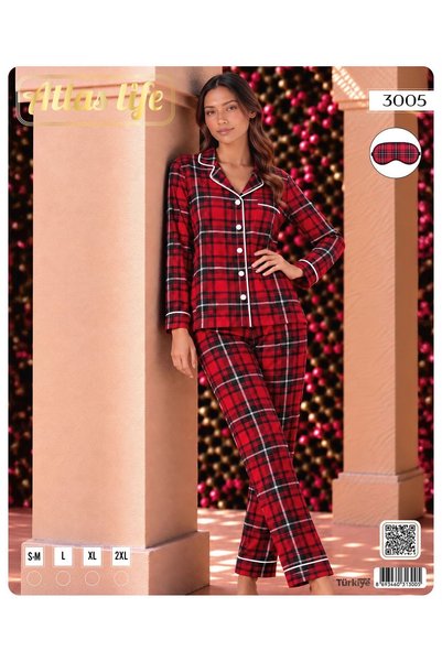 Pamuklu önden düğmeli kırmızı ekose pijama takımı