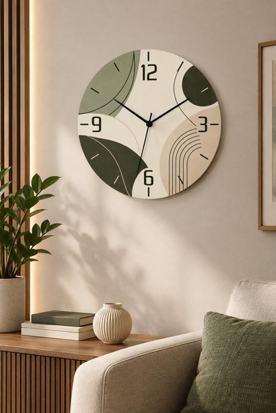 AA Shop Modern Doğa ve Yaprak Desenli Ahşap 45 Cm Sessiz Akar Mekanizmalı UV Baskılı Dekoratif Duvar Saati Hediyelik 1034