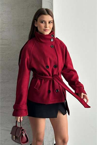 Bella Breeze Women's Stand Collar Belted Cashmere Jacket Double Button Short ...