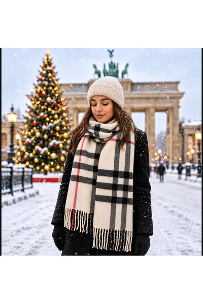 Alışveriş Kasabası Cream-Toned Plaid Patterned Cashmere Scarf with Tassels - 3