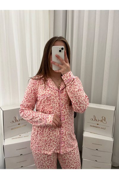 Lena Homewears Pink Leopard Patterned Ecru Milan Long Sleeve Pajama Set