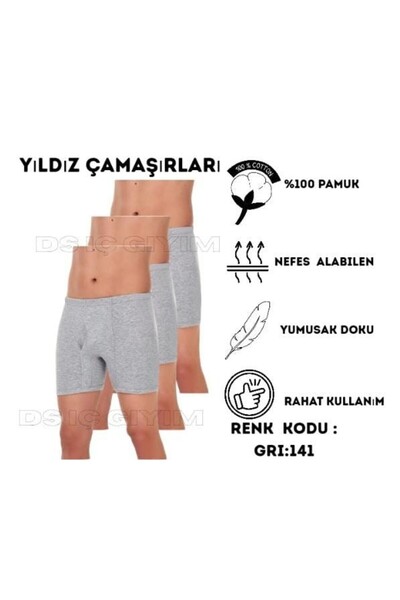Yıldız Çamaşır 141 BOXERI GRI DIN SUPREM PENTRU BĂRBAȚI CU TIV LUNG, 3 BUCĂȚI