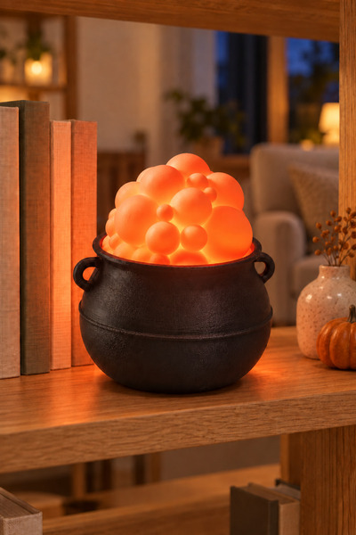edoy Turuncu Işıklı Cadı Kazanı Lambası Halloween Cadılar Bayramı Dekoratif Masa ve Raf Aydınlatması